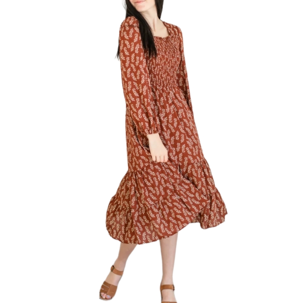Orange Creek Leaf Print Boho Tiered Midi Dress Size XL